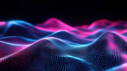 Abstract blue and pink particles surface is moving in a seamless loop forming a digital landscape