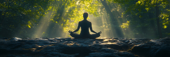 Poster - Silhouette of a woman meditating in a forest.