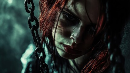 A woman chained expression depicts sad and hopeless background wallpaper AI generated image