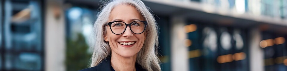 Wall Mural - A woman with glasses is smiling and standing in front of a building. She is wearing a black dress and she is happy