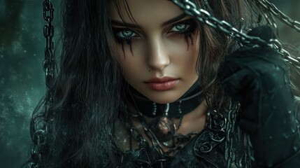 Woman beautiful model in a black witch costume is shackled in chains background wallpaper AI generated image