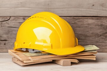 Yellow hard hat on wooden surface with money.