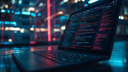 Abstract programming code on a black laptop screen. Digital technology dark background. Cyberspace coding technology. Data network on computer design illustration. Digital presentation