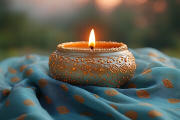 Ornate Gold Candle with Flame on Blue Fabric