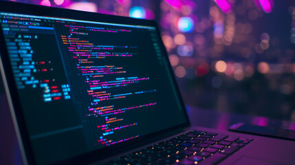 Abstract programming code on a black laptop screen. Digital technology neon glowing purple background. Cyberspace coding technology. Data network on computer design illustration. Digital presentation