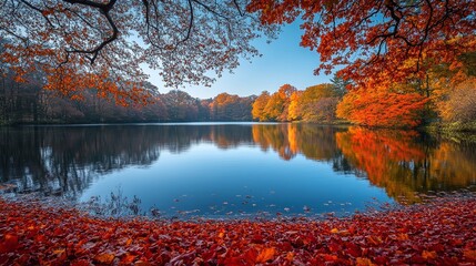 Wall Mural - beautiful autumn scene with vibrant trees and reflections on a serene lake, highlighting the colorful and tranquil essence of fall