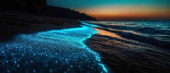 Canvas Print - Bioluminescent waves glowing under a twilight sky at the beach.