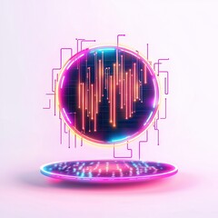 Poster - Neon Circle with Digital Interface on White Background.