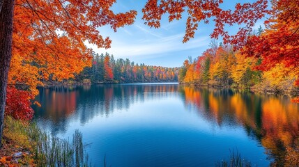 Wall Mural - beautiful autumn scene with vibrant trees and reflections on a serene lake, highlighting the colorful and tranquil essence of fall