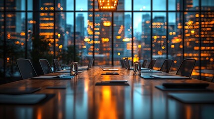 Wall Mural - A conference room table with laptops and glasses of water set for a meeting. The table is positioned in front of a large window with a view of a city skyline at dusk.