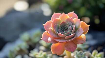 Poster - A vibrant succulent in soft morning light showcasing intricate layers and colors in a serene outdoor garden setting