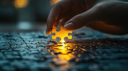 Close-up of a hand placing the final piece of a jigsaw puzzle, with a glow of light emanating from the piece.