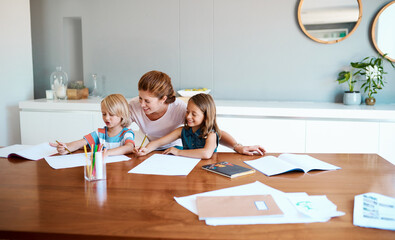 Wall Mural - Mother, children and paper in home for education, distance learning and creativity for growth. House wife, kids and happy at table for knowledge, fun activity and writing skill development in lesson