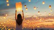 © Anna - Woman Releasing a Sky Lantern at Twilight Festival with a Sky Full of Lit Lanterns.