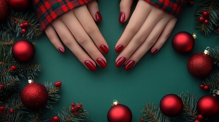 Festive hands with red manicure surrounded by Christmas ornaments and pine branches on a green background, creating a holiday-themed flat lay composition.