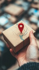 Hand holding small cardboard box with red location pin marker, symbolizing package delivery or destination tracking in modern logistics industry.