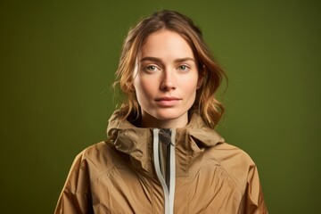 Poster - Portrait of a content woman in her 20s wearing a functional windbreaker isolated on soft brown background