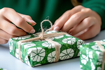 A close-up of a person wrapping gifts with handmade paper and twine, creating unique DIY gift packaging