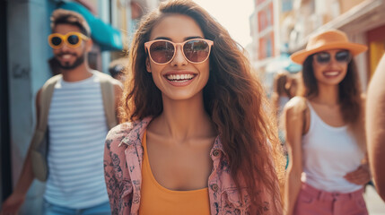 diversão amigo rua mulher caminhando jovem amizade feliz juntos sorrindo mulher homem felicidade urbano viagem moda verão grupo menina