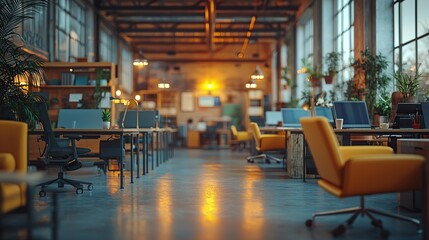 Wall Mural - Modern open plan office with yellow chairs, desks, and laptops.