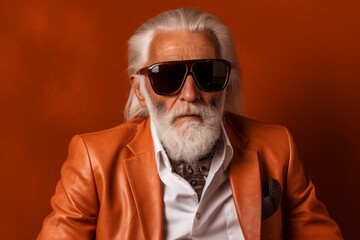 Canvas Print - Portrait of a tender elderly 100 years old man wearing a trendy sunglasses isolated in soft brown background