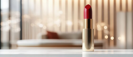 Elegant red lipstick stands on a sleek table, showcasing its vibrant color against a soft, modern background.