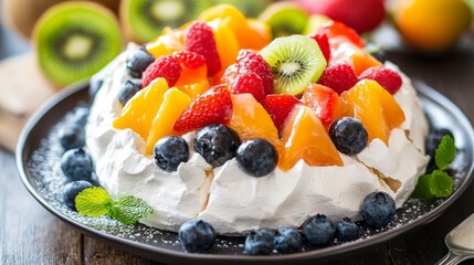 Delicious fruit pavlova dessert with kiwi, peach, blueberries, and raspberries on a dark plate.