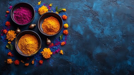 Turmeric and Pink Powder in Bowls with Yellow Flowers on Blue Background