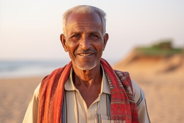 Wall Mural - Portrait of a smiling indian elderly 100 years old man dressed in a water-resistant gilet in sandy beach background