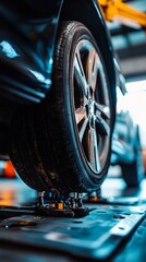 Close-up of a car tire on a wheel alignment machine in an auto repair shop, showcasing the precision and technology involved in vehicle maintenance.