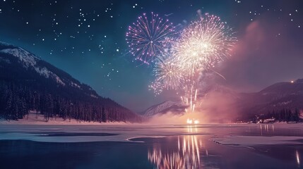 Wall Mural - Fireworks Display Over Frozen Lake at New Year's Celebration