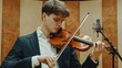 © Steveandfriend - A young man plays the violin passionately in a recording studio, surrounded by microphones and wooden panels.