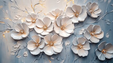 Wall Mural - White flowers with gold accents on textured blue background.