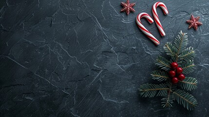 Sticker - Festive Christmas composition with candy canes, pine branches, red berries, and snowflake ornaments on dark slate background, evoking holiday cheer.