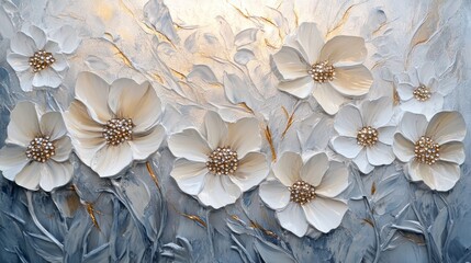 Wall Mural - White flowers with textured gold leaves on a blue background.