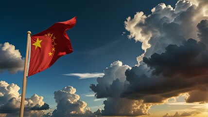 Wall Mural - sky is not the limit. a pencil stands towering, crowned with a red flag, set against a canvas of clo