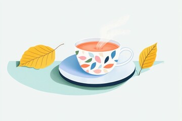 Wall Mural - Coloring page of a cozy autumn scene with bright yellow leaves and a steaming coffee cup