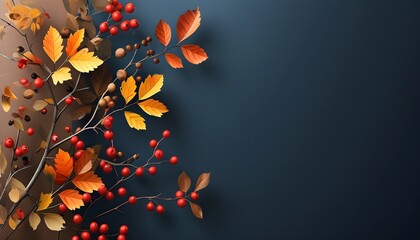 Abstract Autumn Foliage Design Featuring Branches, Twigs, and Berries in Rich Brown and Navy Blue Tones Created by Generative AI