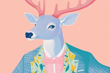 Deer in formal attire with ornate horns A figure in a suit with a deer head Vintage style graphic concept