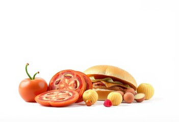 A hamburger with tomato slices and other fruit on a white background.