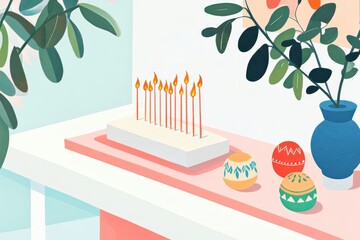 Coloring page design featuring a menorah and wooden dreidels for the celebration of a festive holiday