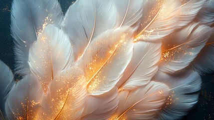 Wall Mural - A close-up of soft, glistening white feathers with hints of golden sparkles against a dark background, creating an ethereal and elegant effect.