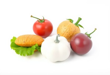 A red, orange, white, and purple fruit or vegetable assortment with a green lettuce leaf on white background.