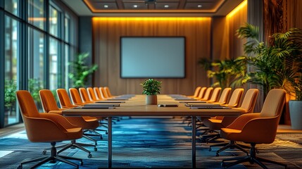 Wall Mural - Empty conference room with large windows and wood paneling.