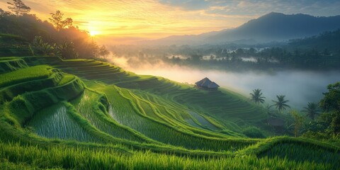 Stunning sunrise over lush green rice terraces, enveloped in mist, offering a serene view of nature's beauty and tranquility.