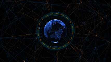 Wall Mural - blue digital earth sphere with circle futuristic hud elements and orange line connection technology 