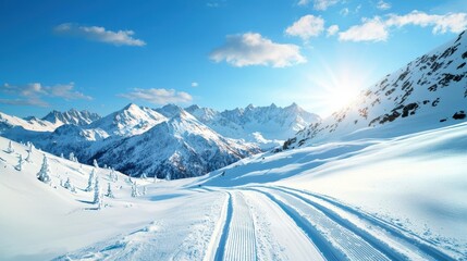 Stunning snowy mountain landscape under a bright blue sky and sun.