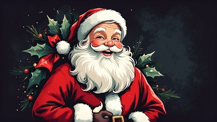 vintage style illustration of jolly smile Santa Claus on Christmas background, dark painting style