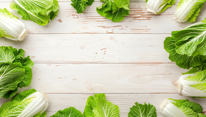 Frame with fresh ripe leaves of Chinese cabbage on white wooden table, flat lay. Space for text