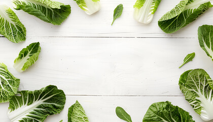 Poster - Frame with fresh ripe leaves of Chinese cabbage on white wooden table, flat lay. Space for text